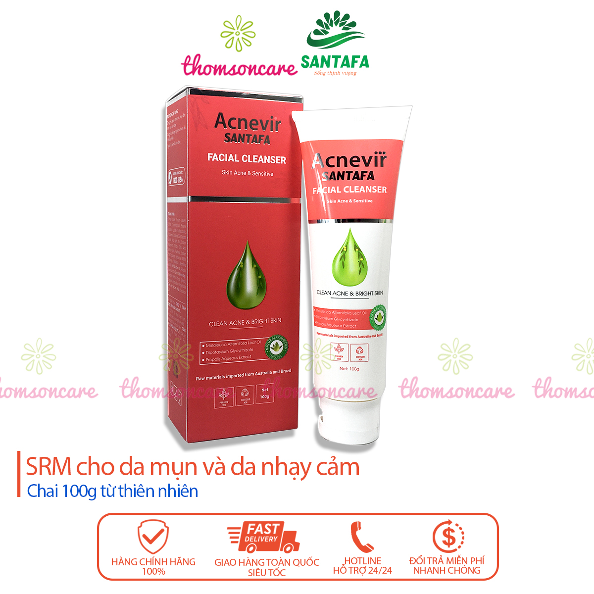 Sữa rửa mặt acnevir đỏ - ngừa mụn, giảm dầu nhờn, da nhạy cảm