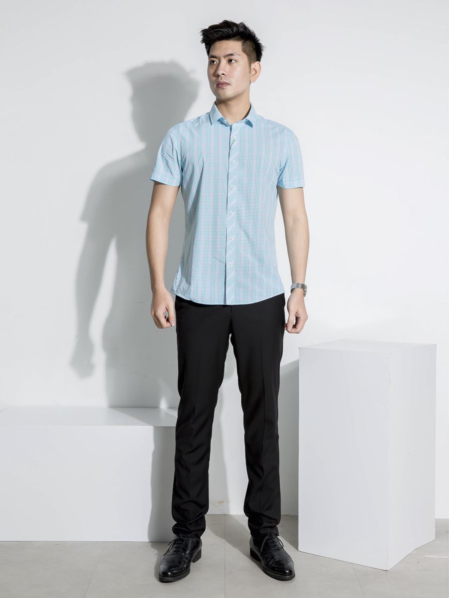 Áo sơ mi nam cộc tay ARISTINO ASS511S7 kẻ caro xanh ngọc, chất bamboo sợi tre, dáng slimfit