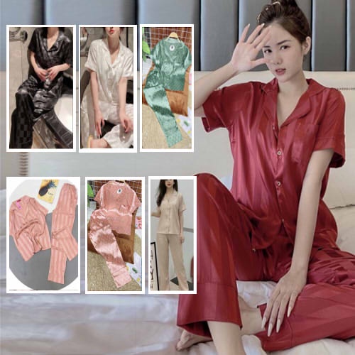 Đồ bộ pijama lụa gấm hoa văn quần dài ao cộc, sq018 bộ lụa mặc nhà cao cấp mềm mát anyashop234
