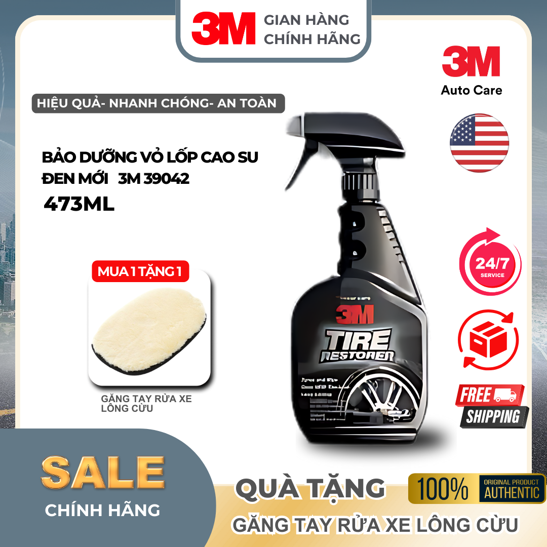 [ Tặng Găng tay lông cừu]  Chai xịt bảo dưỡng lốp xe, phục hồi đen, chống lão hóa cho vỏ xe  3M™ 39042 437m - NK 3M Mỹ