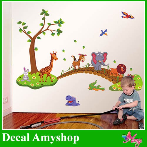 Decal dán tường đàn thú qua cầu - tranh trang trí phòng bé yêu