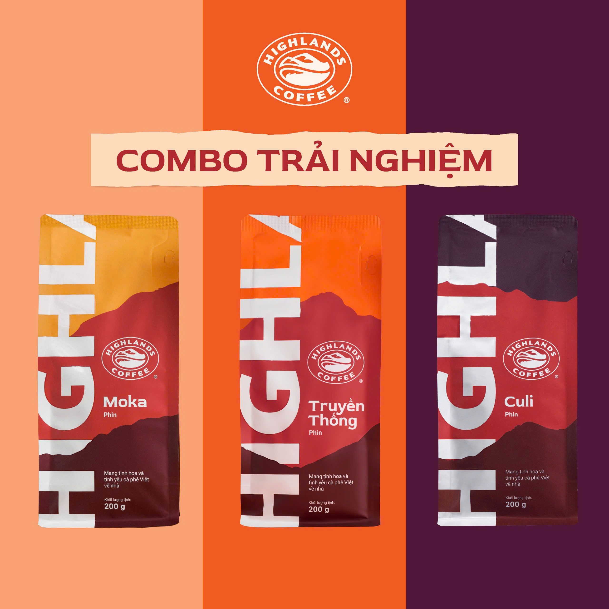 COMBO CAFE TRẢI NGHIỆM HIGHLANDS COFFEE: 3 CÀ PHÊ RANG XAY TRUYỀN THỐNG - CULI - MOKA 200G