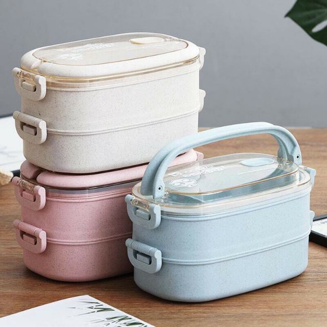 Hộp cơm lúa mạch Lunch Box 2 tầng hình chữ nhật tặng kèm dĩa, thìa cao cấp, hộp cơm văn phòng, hộp đựng cơm ăn trưa 2 tầng, nhiều màu, cà men đựng cơm có khóa chống tràn, dùng được trong lò vi sóng