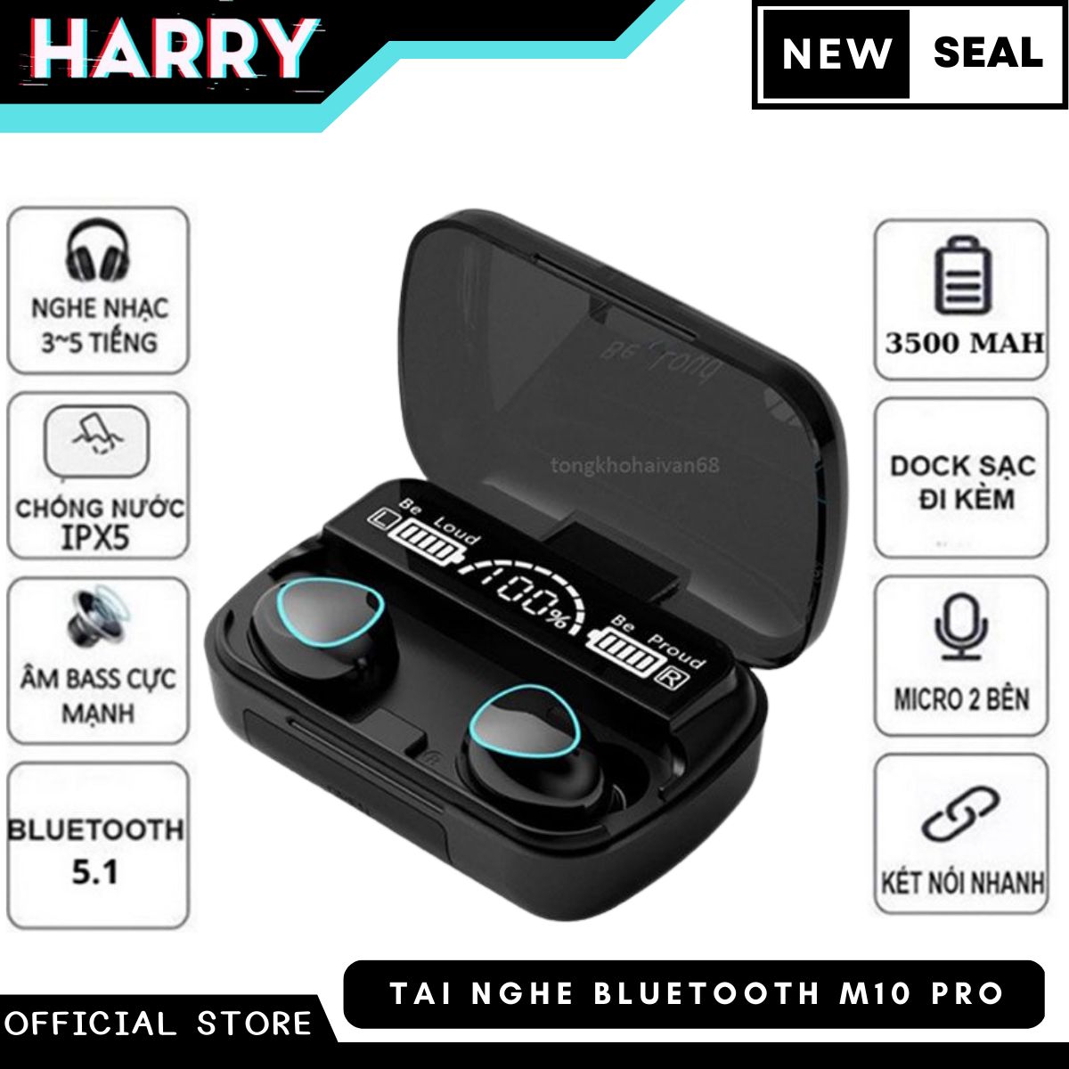 Tai nghe bluetooth M10 TWS, Tai nghe nhét tai không dây 5.1 M10 Pro pin cực khỏe 3500mAh kiêm sạc dự phòng, âm thanh trung thực, đèn LED đẹp mắt, hộp sạc có màn hình - Harry Store