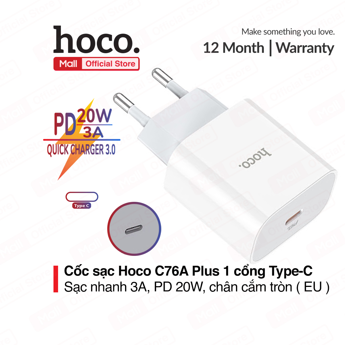 Cốc sạc nhanh Hoco C76A Plus 1 cổng Type-C hỗ trợ sạc nhanh 3A, PD 20W, tương thích với nhiều thiết bị điện tử, chân cắm EU