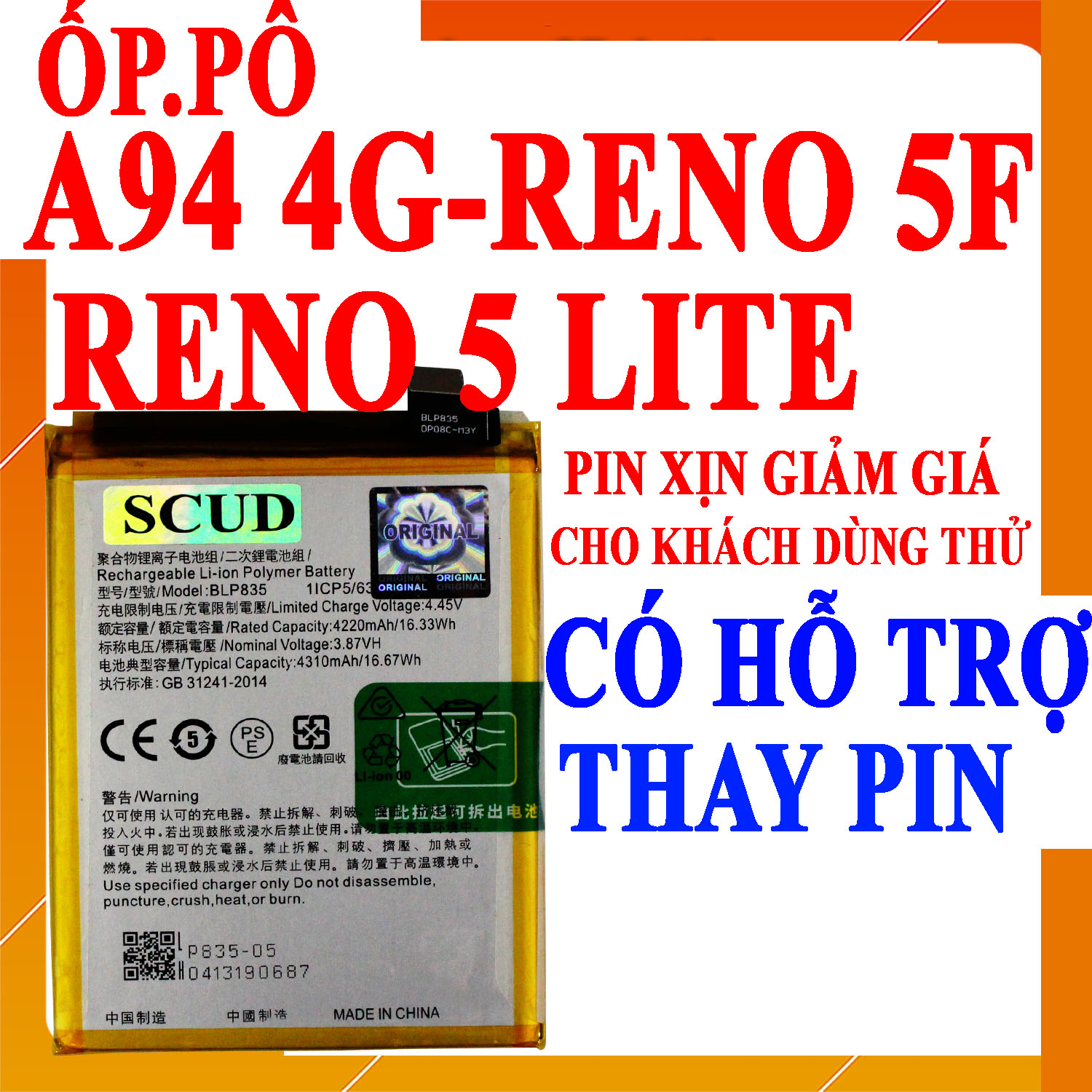 Pin scud dành cho oppo a94/reno 5 lite/reno 5f blp835 5000mah