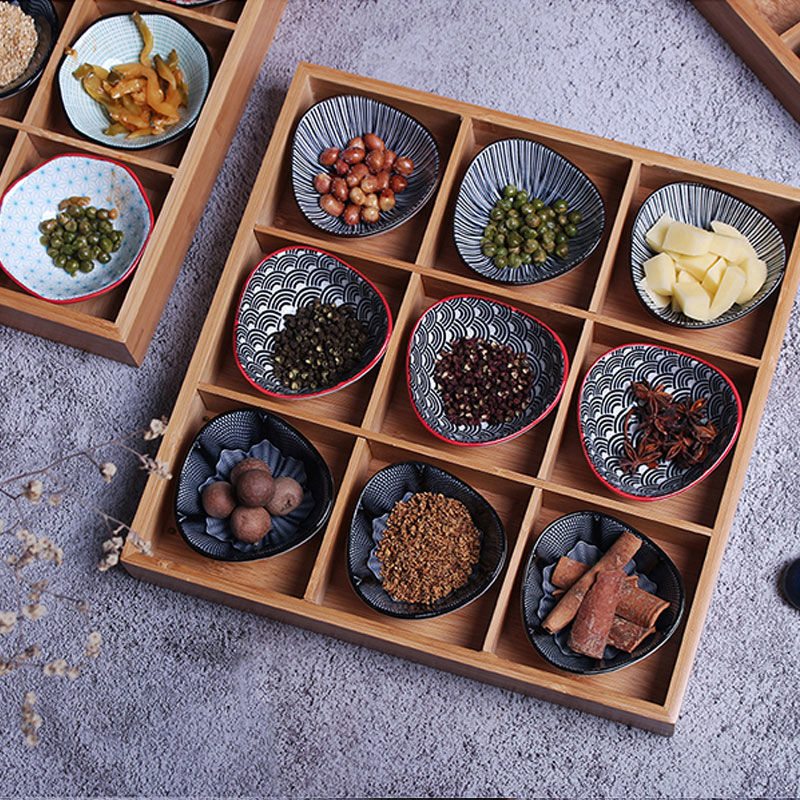 【HOT】 Khay Ca Rô Chín Ô, Hộp Gỗ, Đĩa Ngăn, Đĩa Gia Dụng, Món Tráng Miệng Tinh Tế, Đĩa Lẩu Tre Đan Lát
