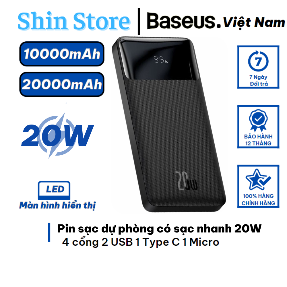 Pin sạc dự phòng Baseus, sạc nhanh 20W dung lượng pin 10000, 20000 mAh chống cháy nổ - SHINSTORE