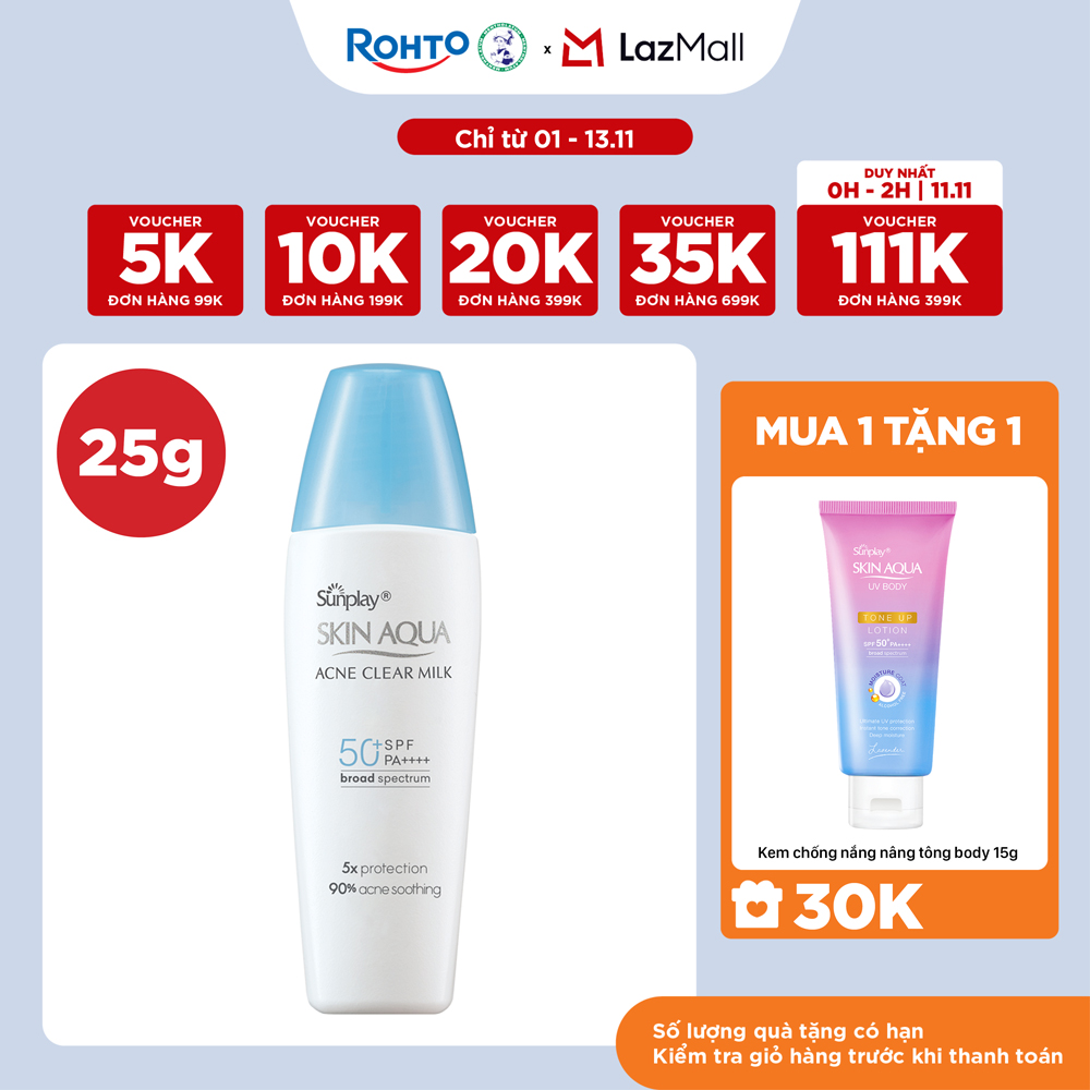 Kem chống nắng Skin Aqua cho da mụn, dạng sữa dùng hàng ngày Sunplay Skin Aqua Acne Clear Eco Việt N