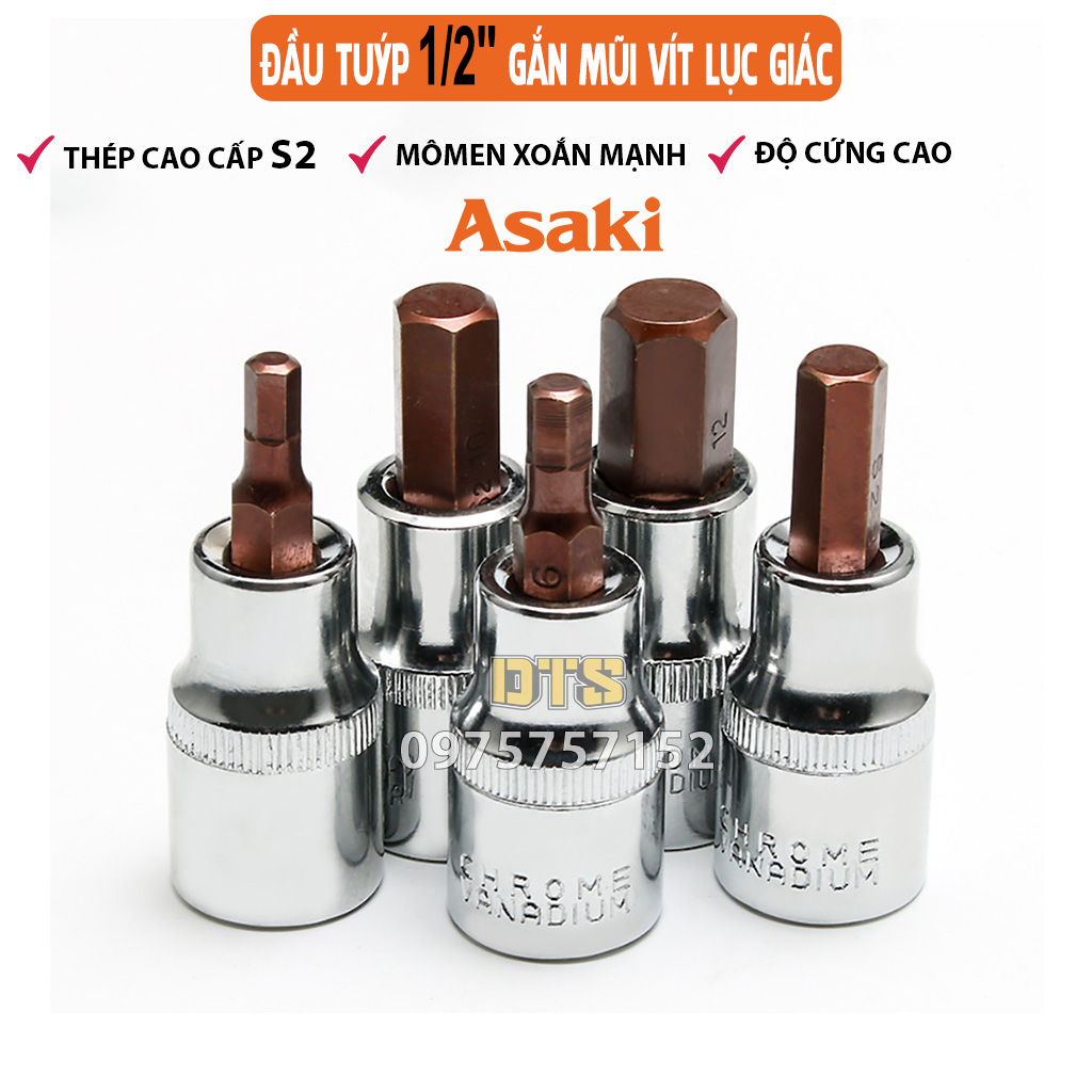 Tuýp 1/2'' gắn mũi vít lục giác hãng Asaki kích thước 3-14mm, đầu khẩu lục giác 1/2 inch thép Nhật S2 siêu cứng mở bulong đai ốc, khẩu lục giác chìm, đầu típ lục giác, tuýp khẩu lục giác, đầu khẩu tuýp lục giác tuýp mũi lục giác