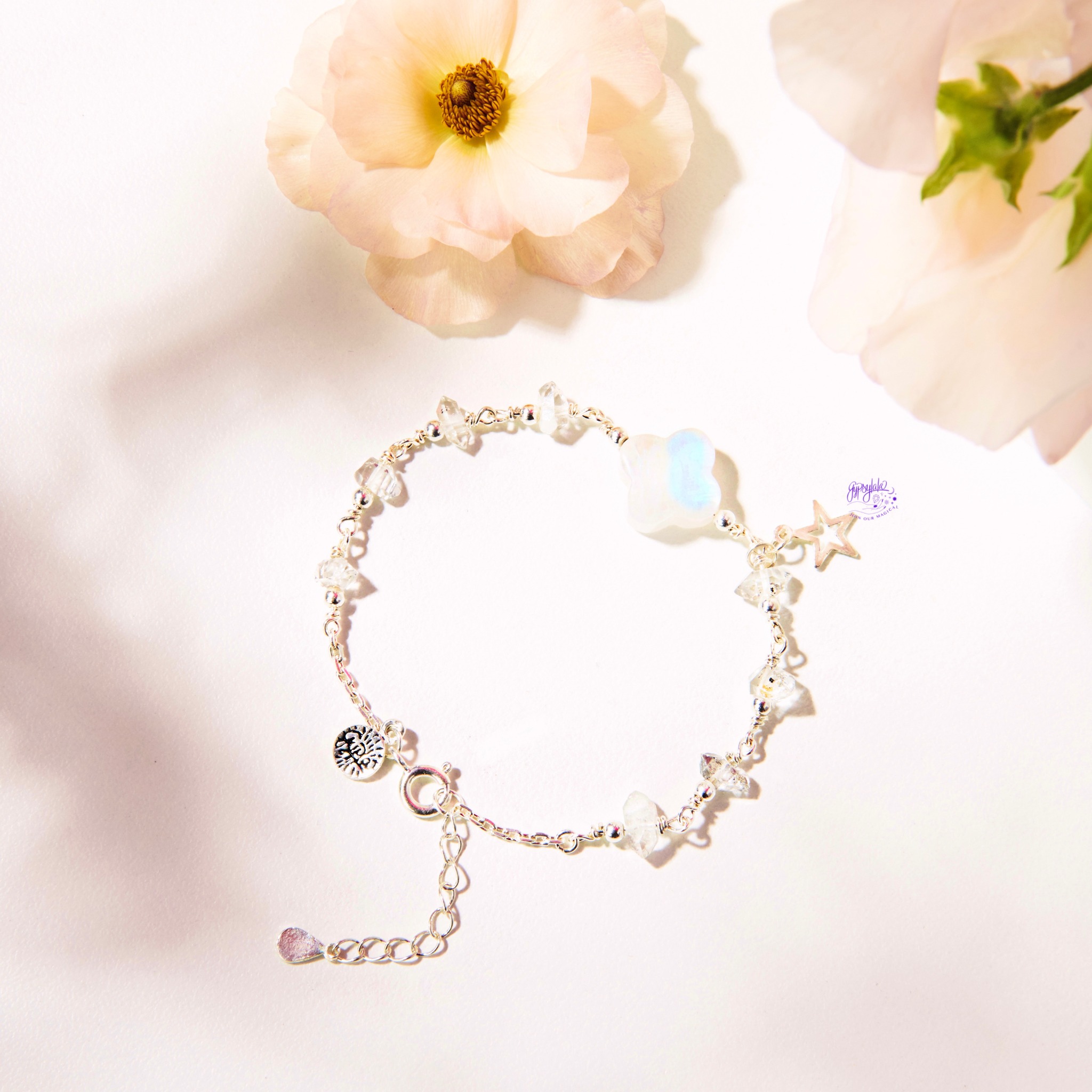 Vòng tay bạc cỏ bốn lá đá herkimer may mắn tài lộc gypsy.lala