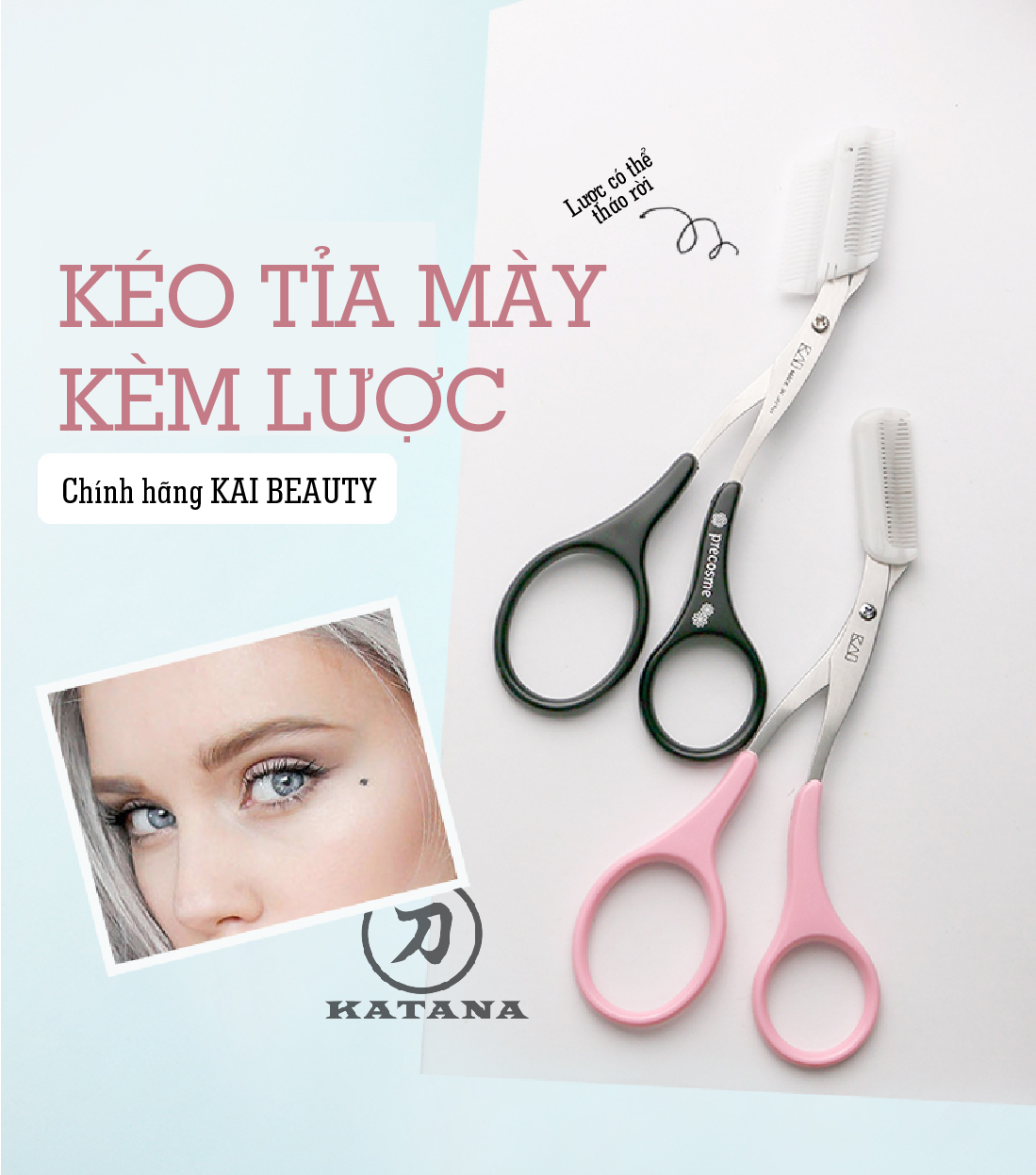 Kéo tỉa lông mày kèm lược KAI KQ3042-KQ3032 thép Nhật cao cấp không gỉ,