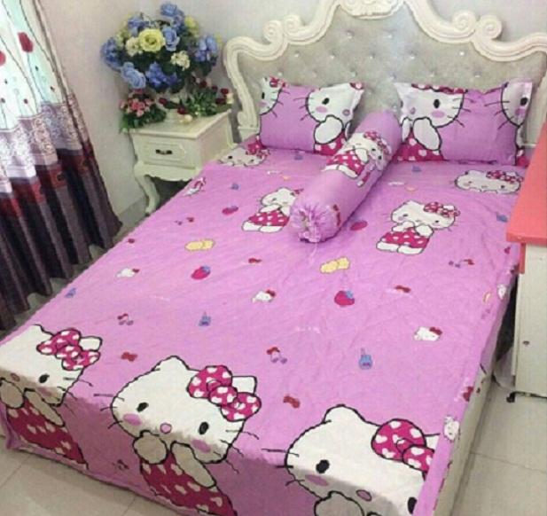 Bộ Ga Kèm - 2 áo gối - Đủ size (Tặng Kèm Áo Gối Ôm) Mẫu Mèo Kitty Nơ