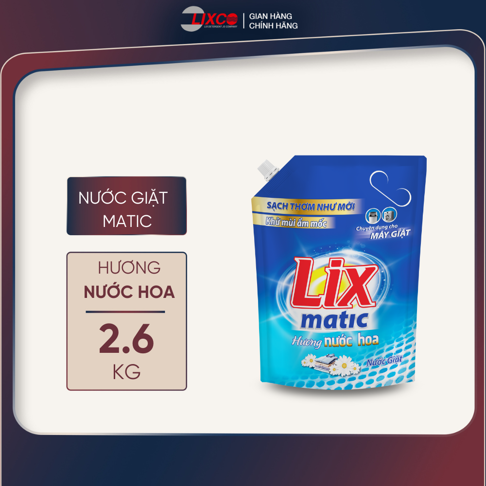  Nước giặt Lix matic mới hương hoa 2.6kg NGM27 giặt tẩy đánh bay mọi vết bẩn chuyên dụng máy giặt cửa trước - Lixco Việt Nam 