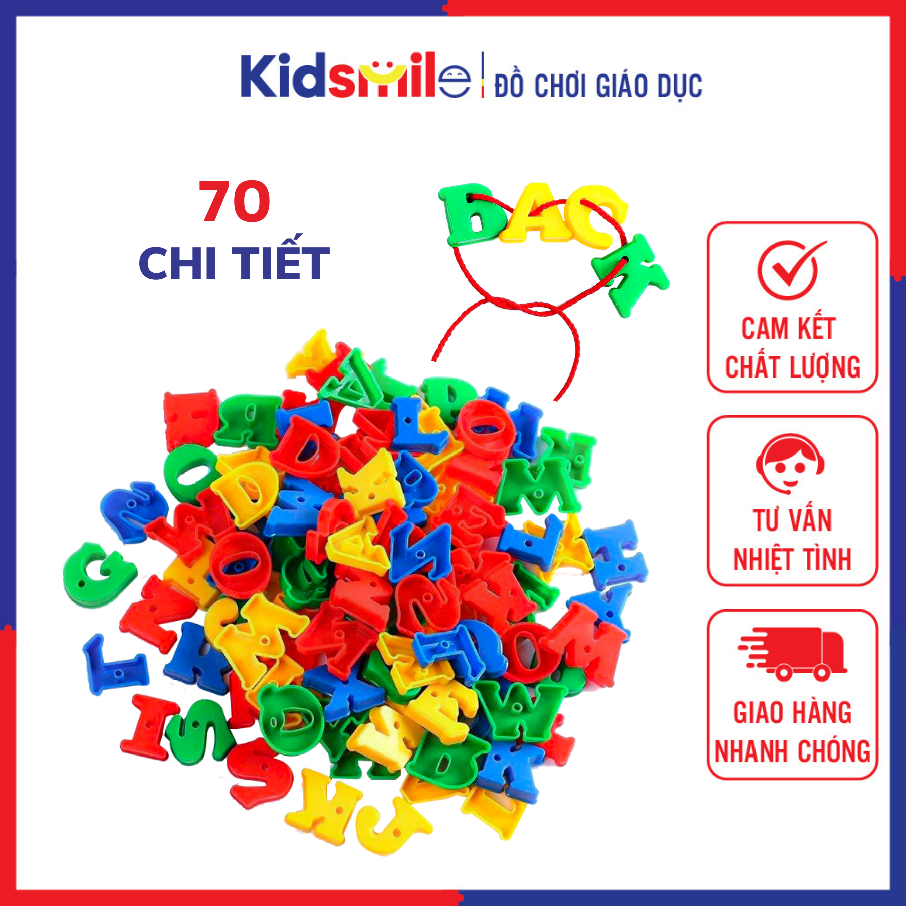 Bộ đồ chơi 70 chữ cái Tiếng Anh kết hợp xâu dây rèn luyện kỹ năng khéo léo, nhận biết và ghép chữ nhiều màu sắc bằng nhựa ABS cao cấp dành cho bé từ 3 tuổi trở lên