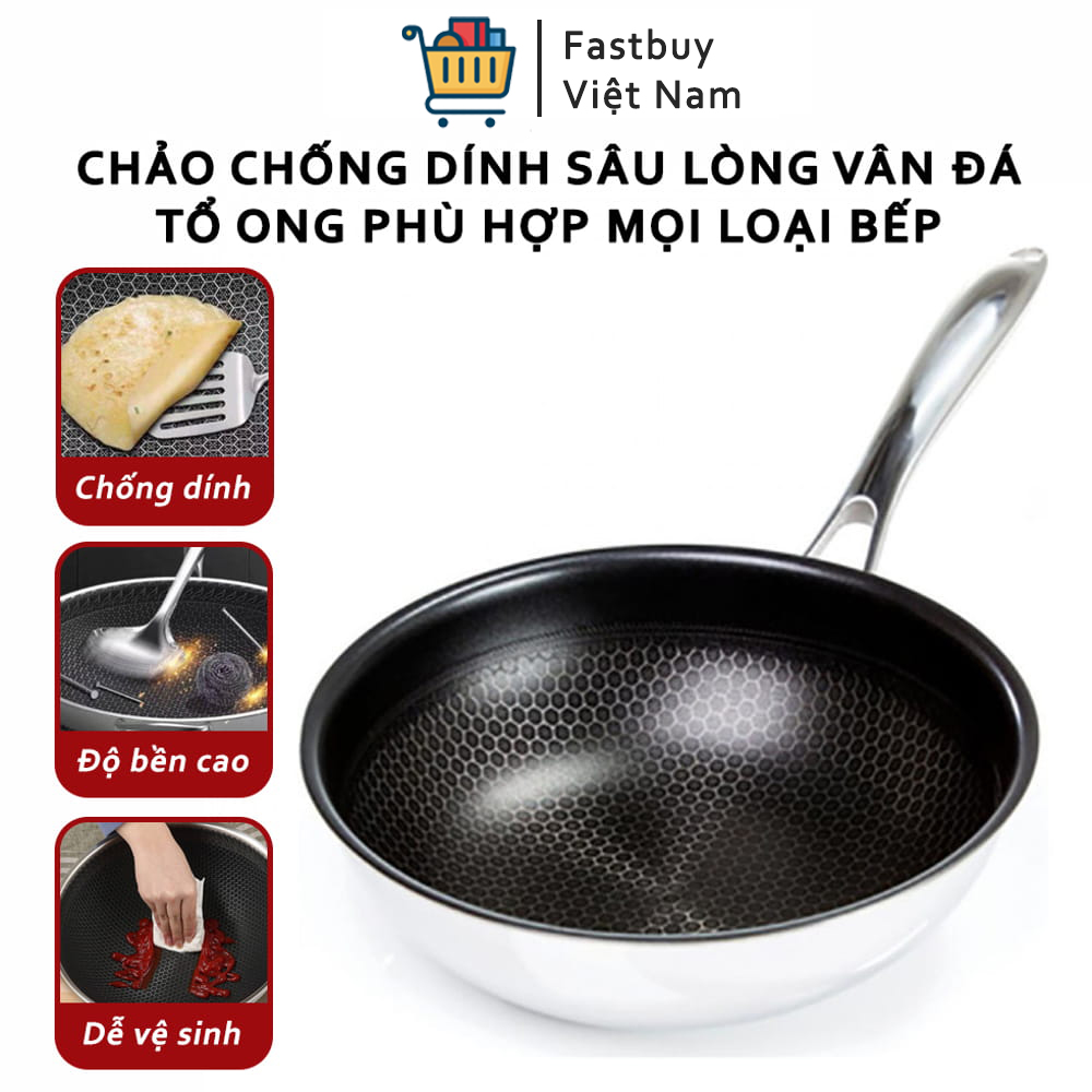 Chảo siêu chống dính đường kính 32cm , vân đá tổ ong hàn quốc, dẫn và giữ nhiệt tốt , vỏ ngoài có cấu trúc inox 430 bắt từ dùng được cho mọi loại bếp siêu tiện lợi + tặng kèm 1 khăn lau tay nhà bếp