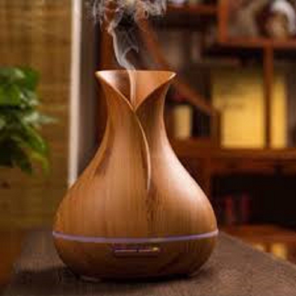 Máy xông tinh dầu, phun sương tạo ẩm cổ cao thiết kế vân gỗ có đèn sang trọng, kiểu dáng lọ hoa