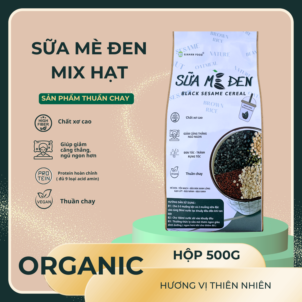 Sữa bột, mè đen,gạo lứt, đậu đen xanh lòng, đậu nành 500g, đen tóc vị thơm ngon,đậm đà, không đường