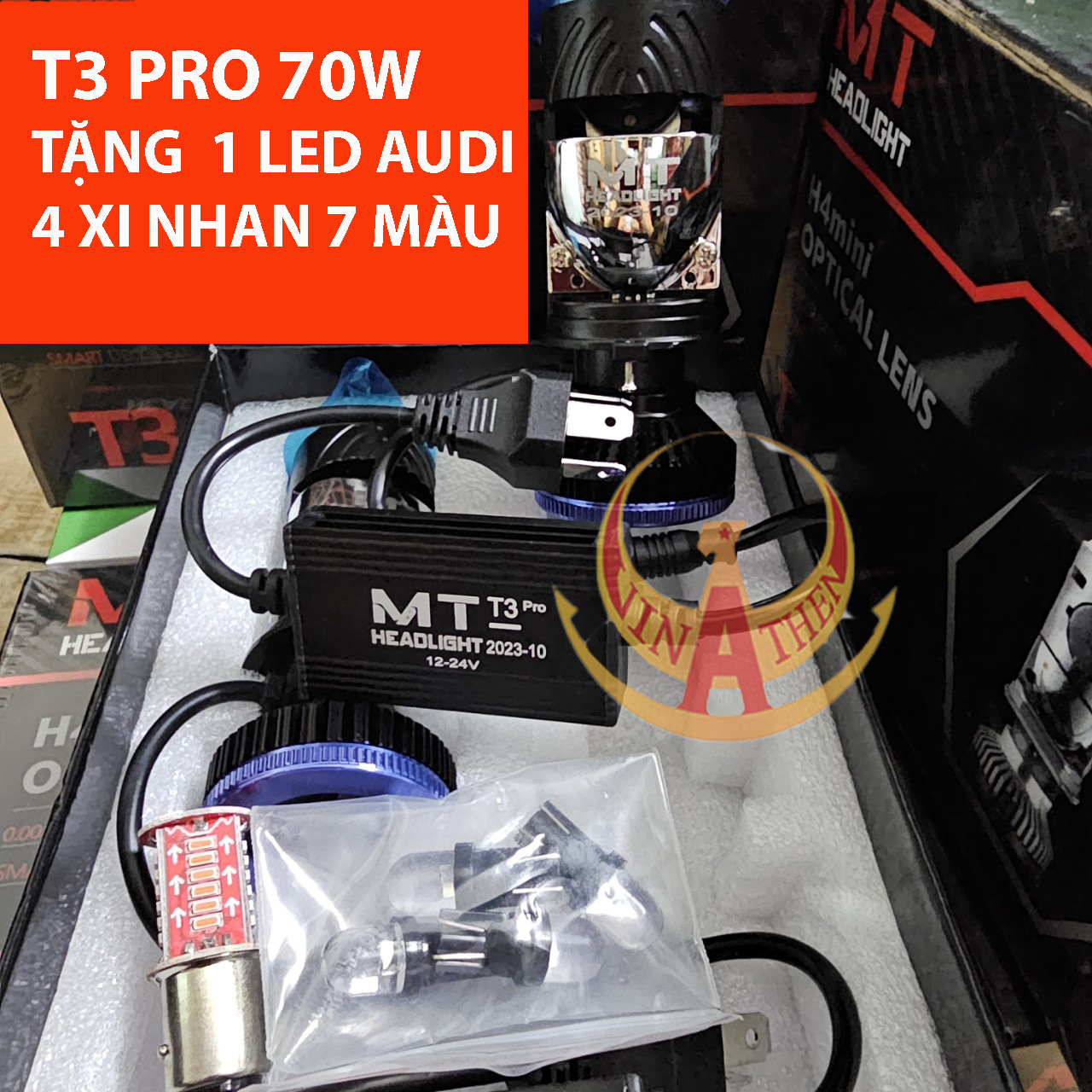 Đèn led pha t3 pro mt mẫu mới công suất 70w chân đèn h4 lắp xe máy ô tô