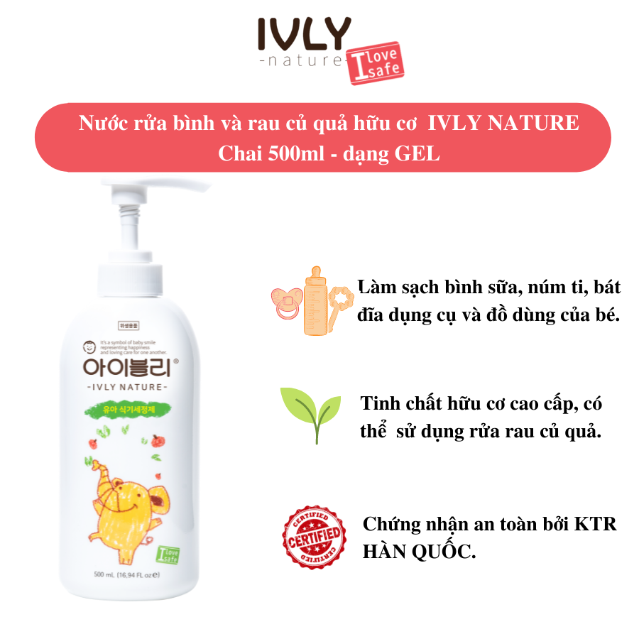 Nước rửa bình sữa và rau củ hữu cơ cao cấp IVLY NATURE 500ml - Nhập khẩu Hàn Quốc
