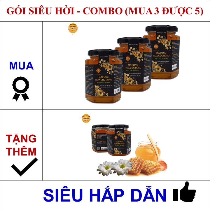(Mật ong xuất khẩu) Combo mua 3 hũ được 5 hũ (Tiết kiệm ngay 424K)- Mật ong hoa Cúc rừng VNBEES - Mật ong Organic - (sản phẩm được áp dụng với hũ 330g)