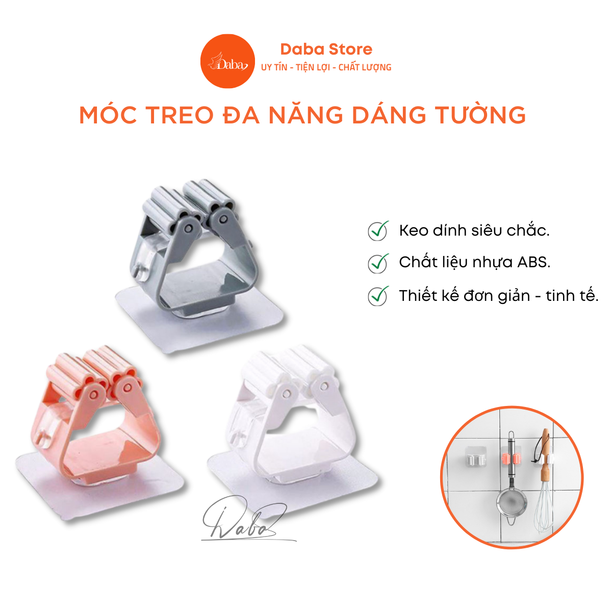 Móc treo cây lau nhà, kẹp chổi, đồ dùng Daba nhỏ gọn, chịu lực đến 6kg - Móc dán tường siêu dính, thông minh