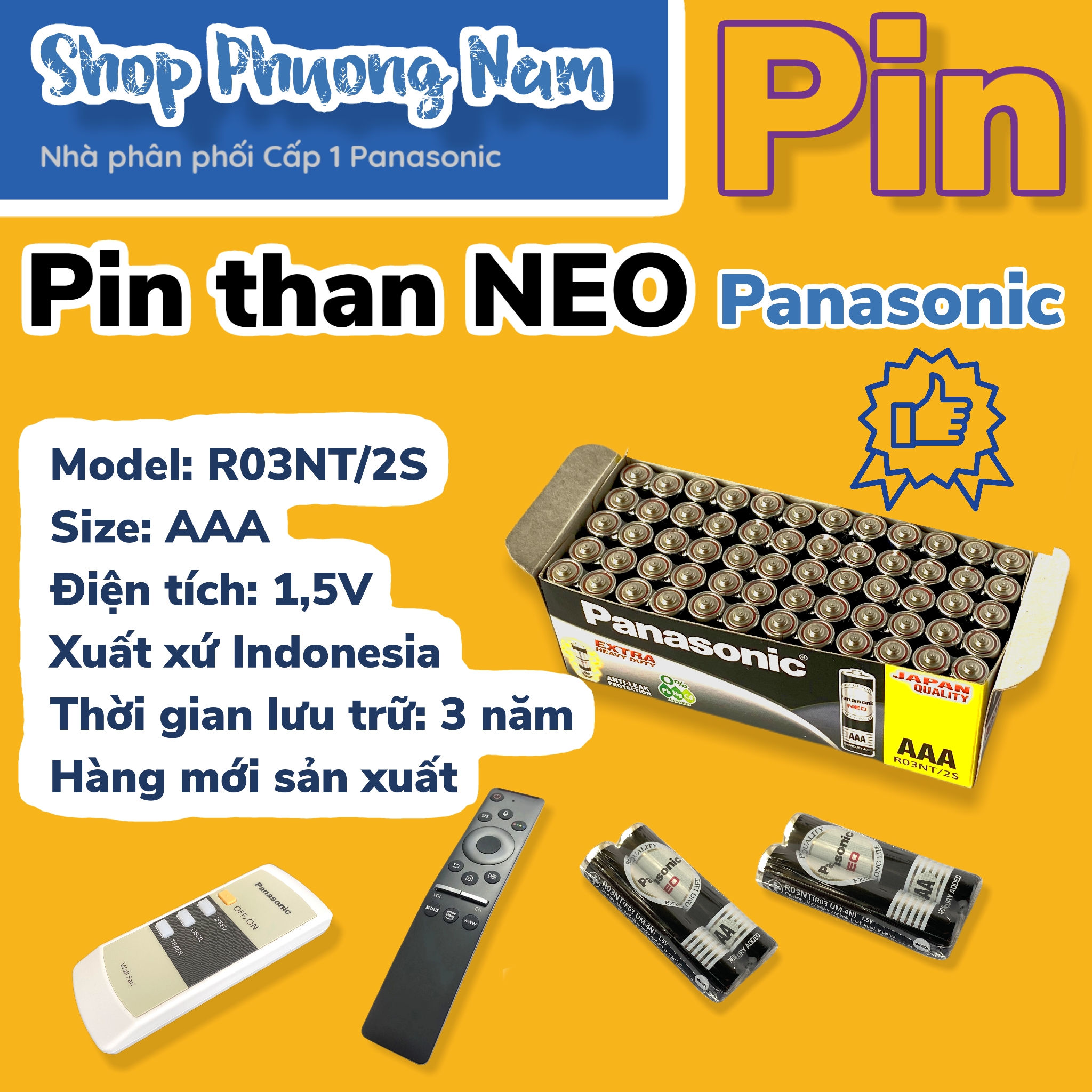02 viên Pin đũa Panasonic AAA R03NT, bán chạy nhất, 1 vỉ 2 viên