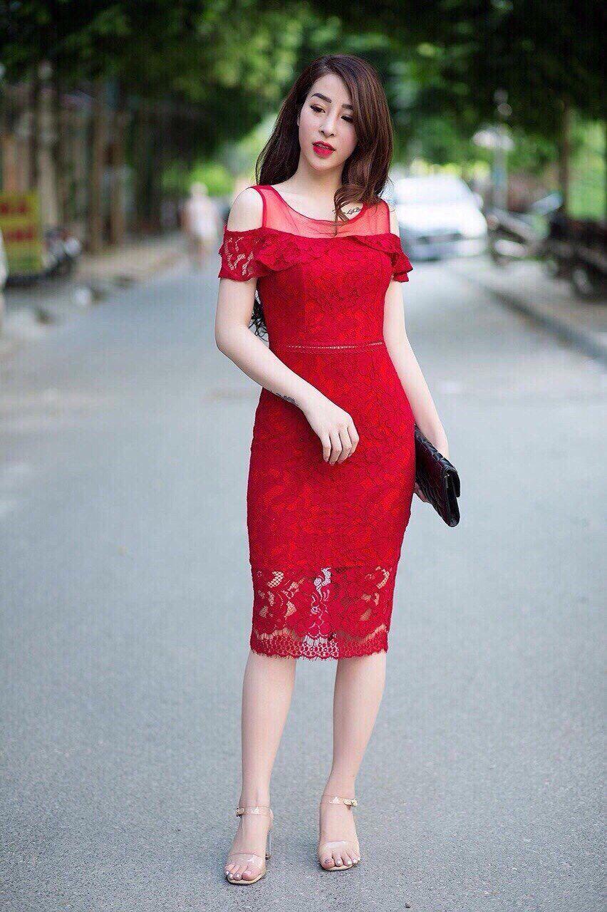 Đầm ôm ren cut out vai đô lưới v-d0kn17