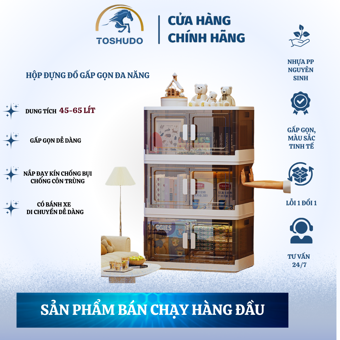 TOSHUDO , Hộp Đựng Đồ Gấp Gọn Đa Năng Có Bánh Xe Dung Tích Lớn 45Lít - 65Lít
