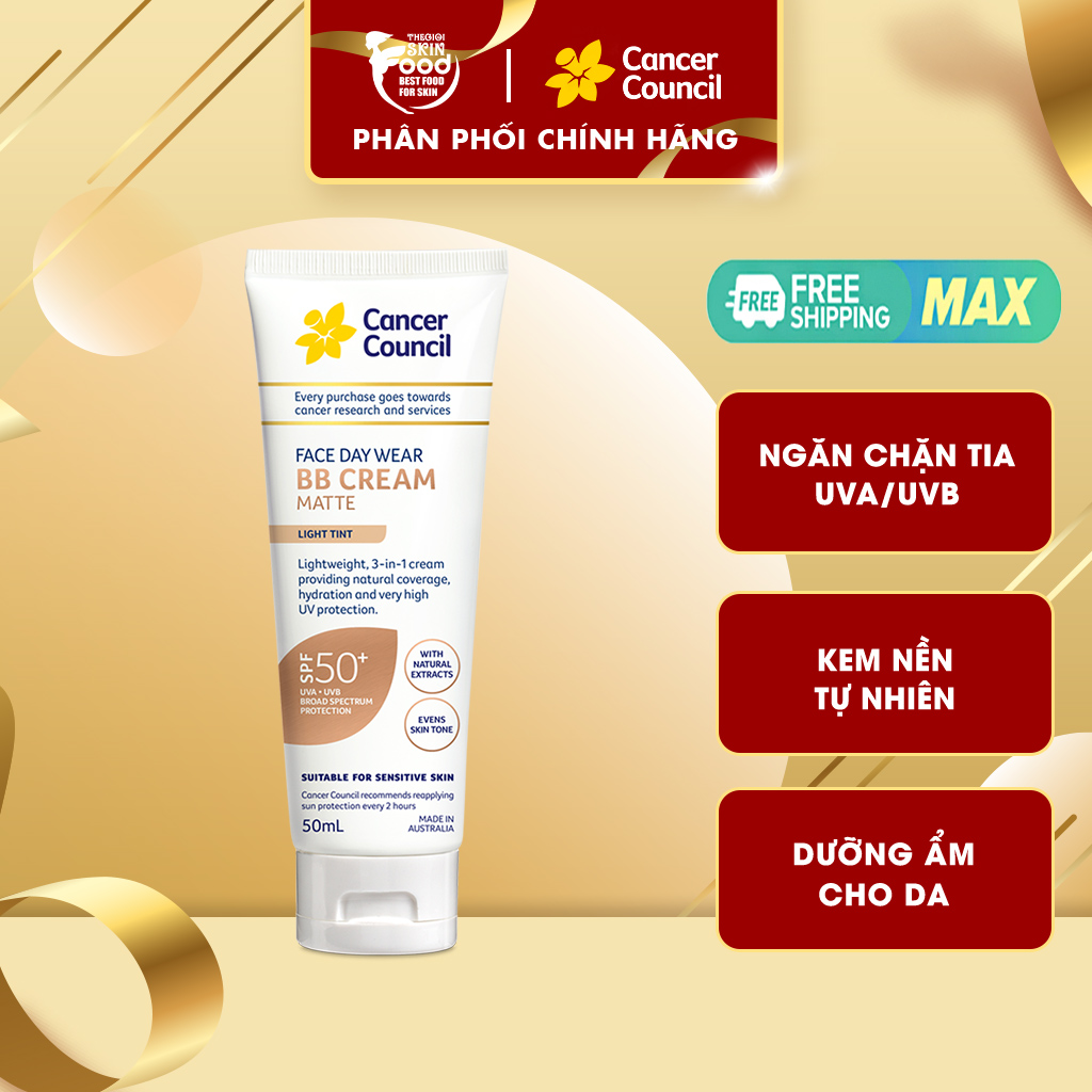 Kem chống nắng dưỡng ẩm, kem nền nâng tông da tự nhiên cancer council face day wear bb cream matte spf50+ 50ml