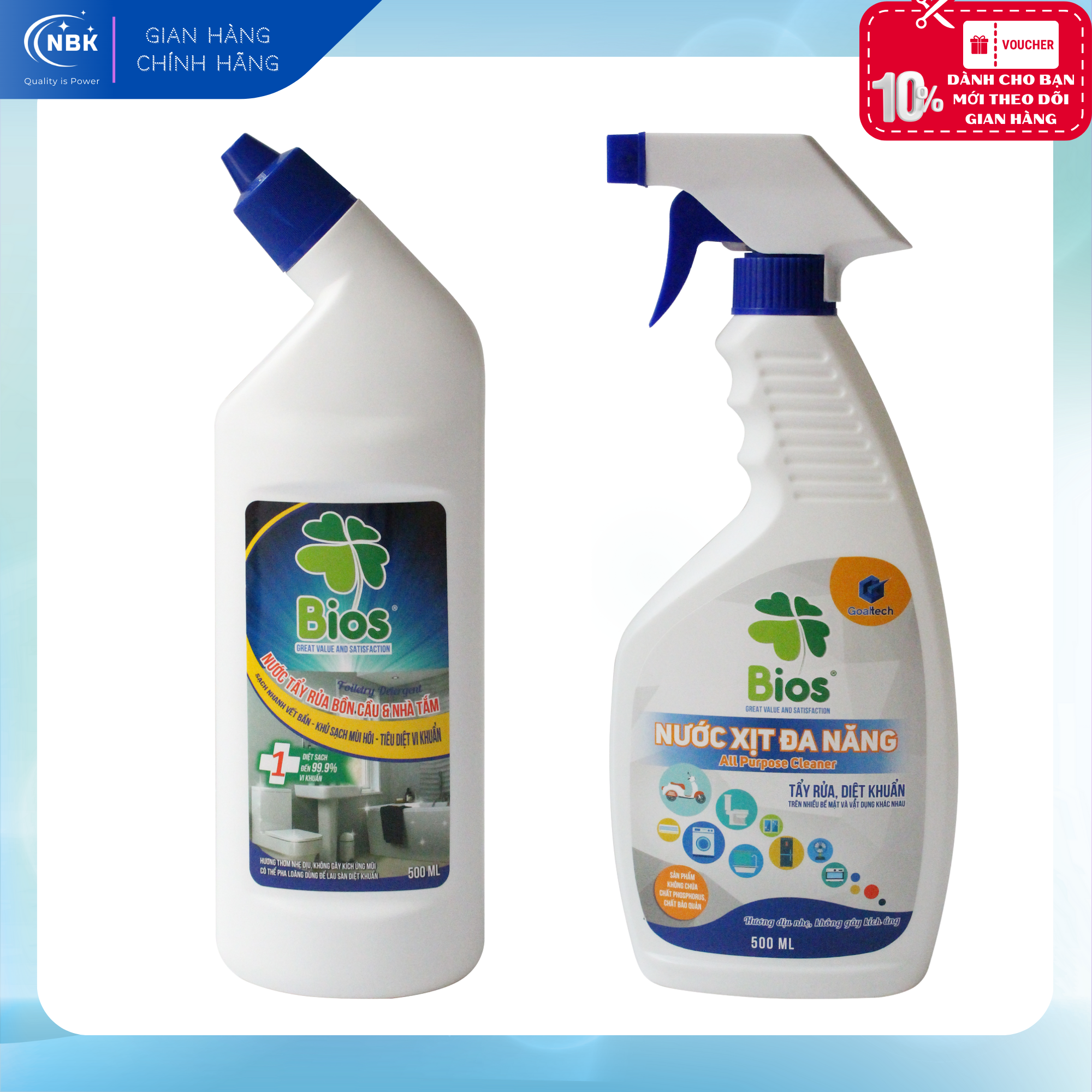 Bộ 02 chai bios: nước tẩy rửa đa năng bios chai 500ml + nước tẩy rửa bồn cầu và vệ sinh nhà tắm bios chai 500ml