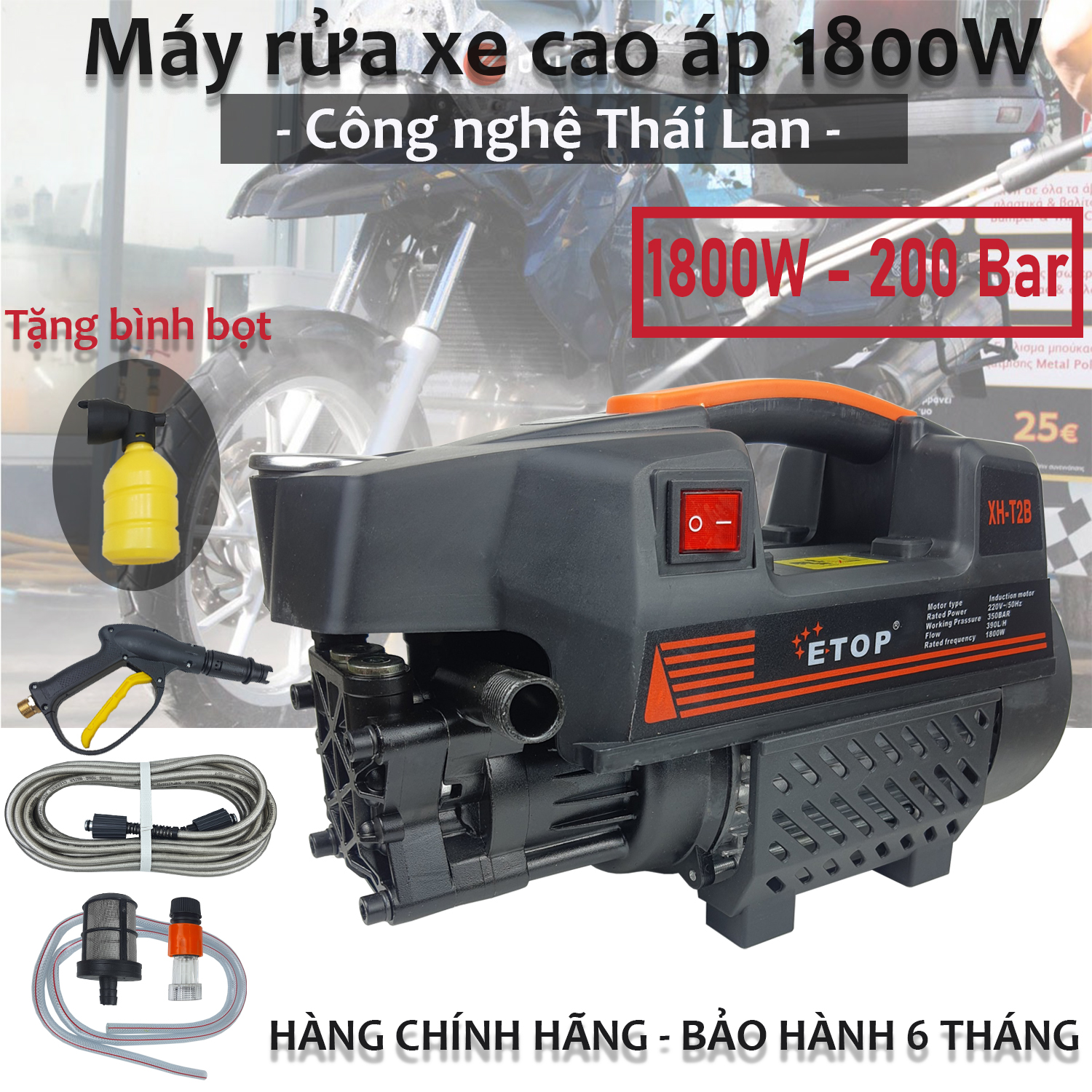 Máy rửa xe áp lực cao, máy rửa xe mini, máy rửa xe gia đình, may rua xe may, xịt rửa máy lạnh hàng chính hãng ETOP XHT2B | Mô tơ cảm ứng từ | Tặng bình bọt tuyết| Máy bơm xịt rửa
