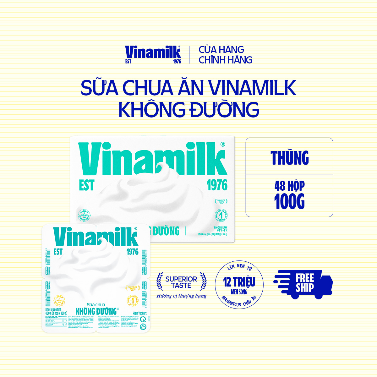 [CHỈ GIAO TRONG BÁN KÍNH 10KM] Thùng 48 hộp Sữa chua ăn Vinamilk không đường 100g Yaourt