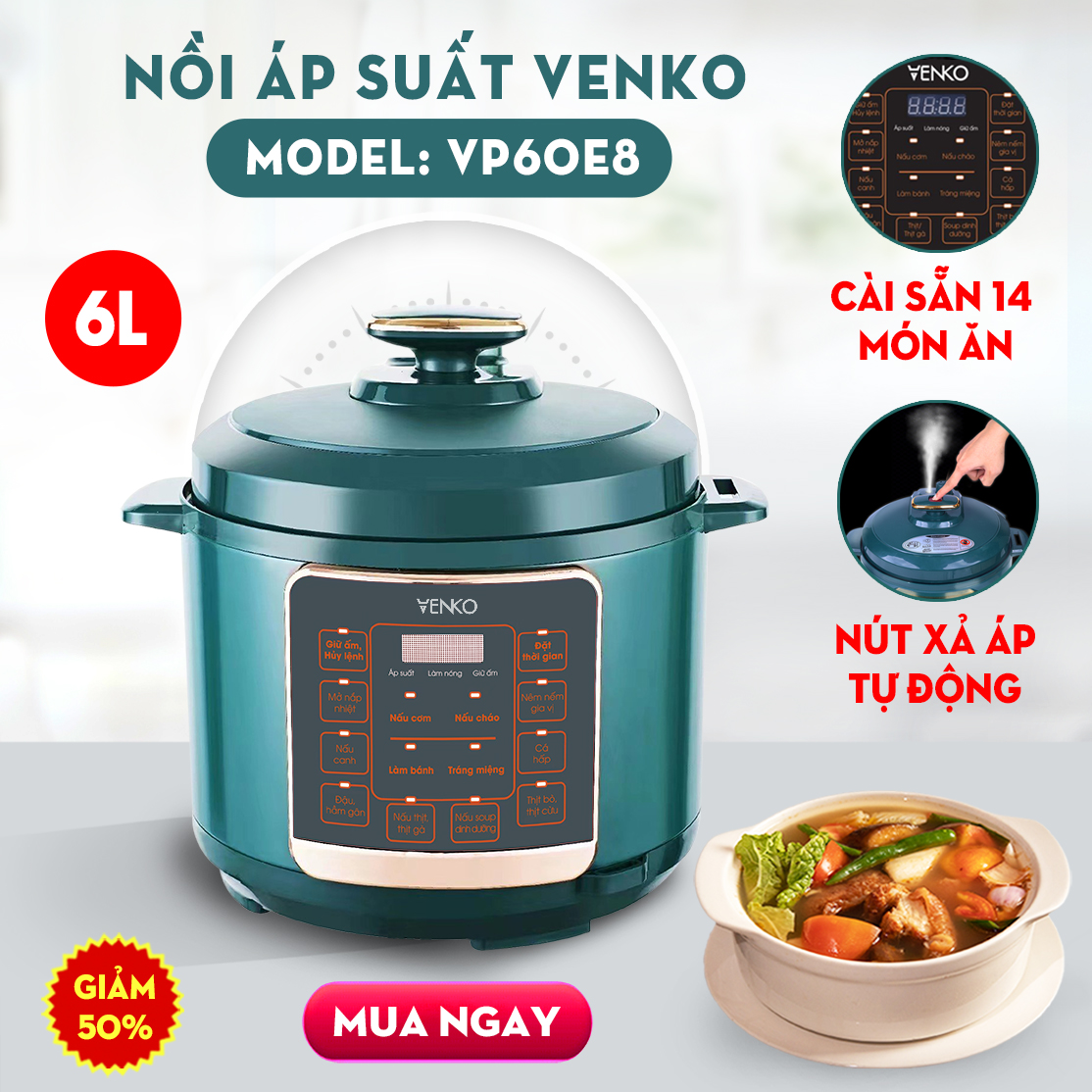 [ BẢO HÀNH CHÍNH HÃNG 12 THÁNG ] Nồi Áp Suất, Nồi Lẩu Đa Năng VENKO - Công Suất 1300W - Dung Tích 6L - Bảng Điều Khiển Tiếng Việt - Nồi Áp Suất Đa Năng - Nồi Điện - Nồi Hầm Đa Năng