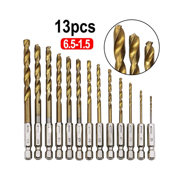 Bộ 13 mũi khoan xoắn chuôi lục giác 6.35 từ 1.5-6.5mm khoan sắt, gỗ, nhôm,...