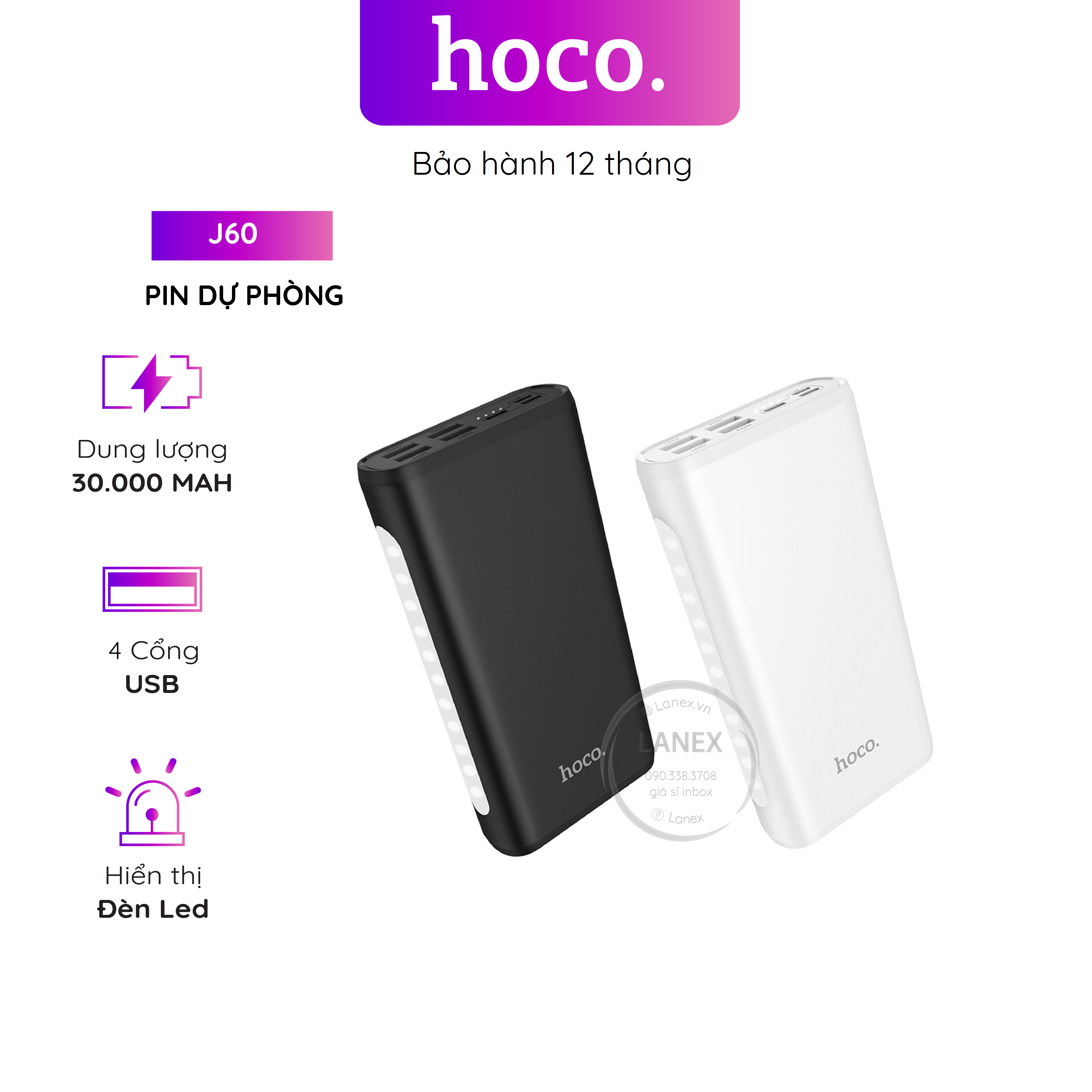 Pin Dự Phòng Hoco J60 Polymer 4 Cổng Usb 2.0a 30000mah Đèn Led