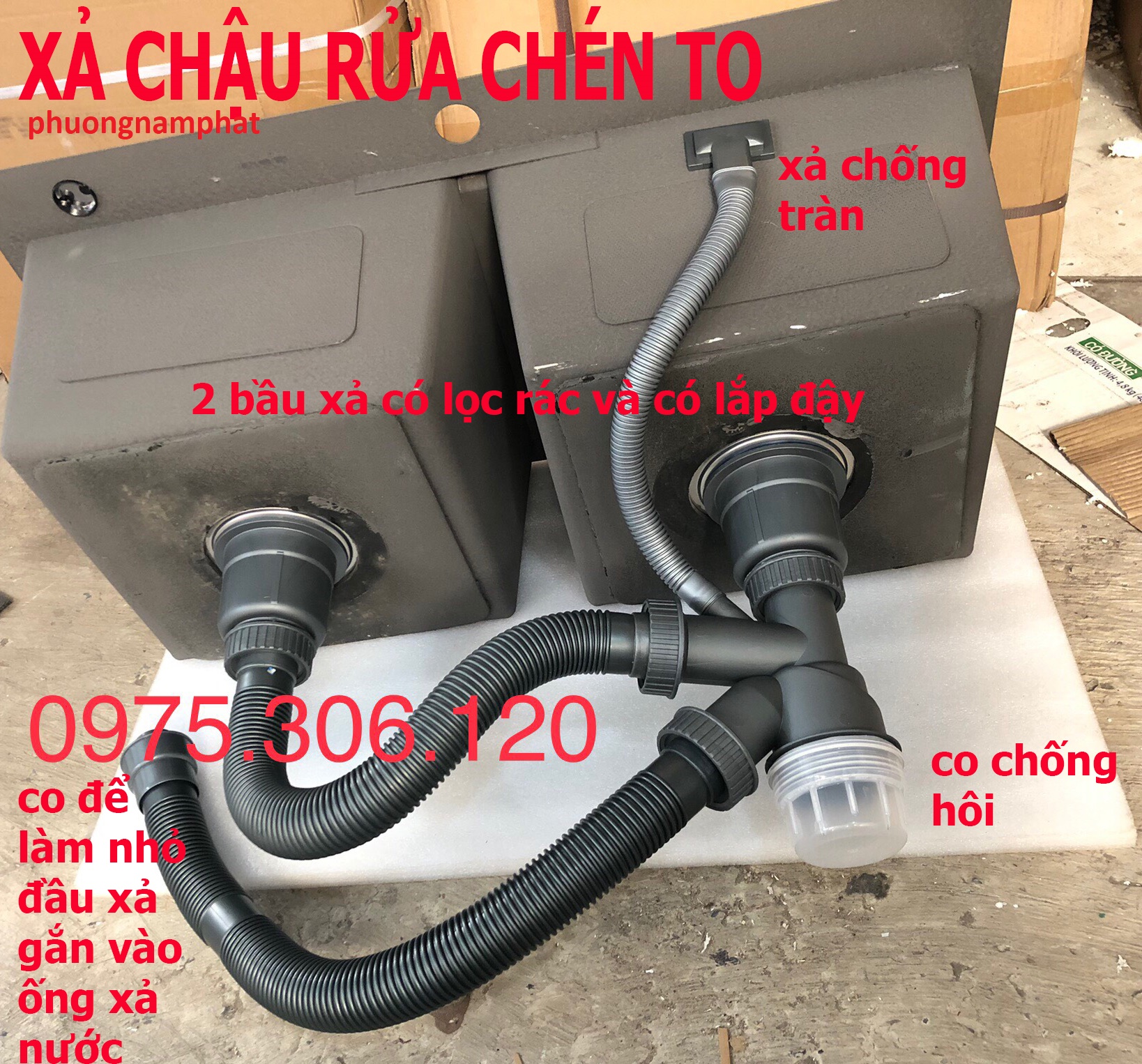 Xi Phông Xả Chậu Rửa Chén Bát Loại Xả To Chống Hôi Dành Cho 2 Hộc Chậu xả chậu to 2 lớp lớp ngoài nhựa lớp trong inox xả nước nhanh bao không tắc nước