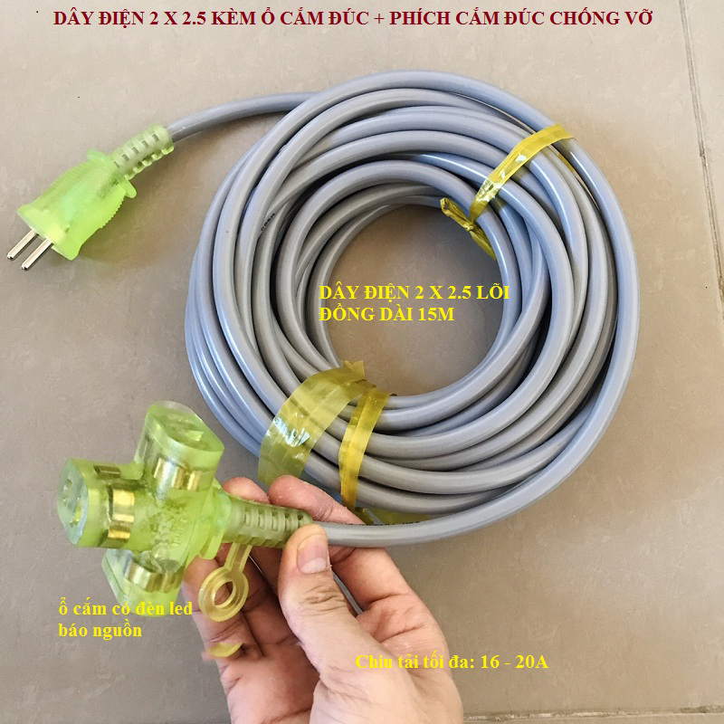 Dây điện 5m-10m-15m-20m dây lỏi đồng 2 x 2.5 + ổ cắm đúc có đèn báo sáng + phích cắm không vở - siêu chặt - siêu bền - sử dụng an toàn