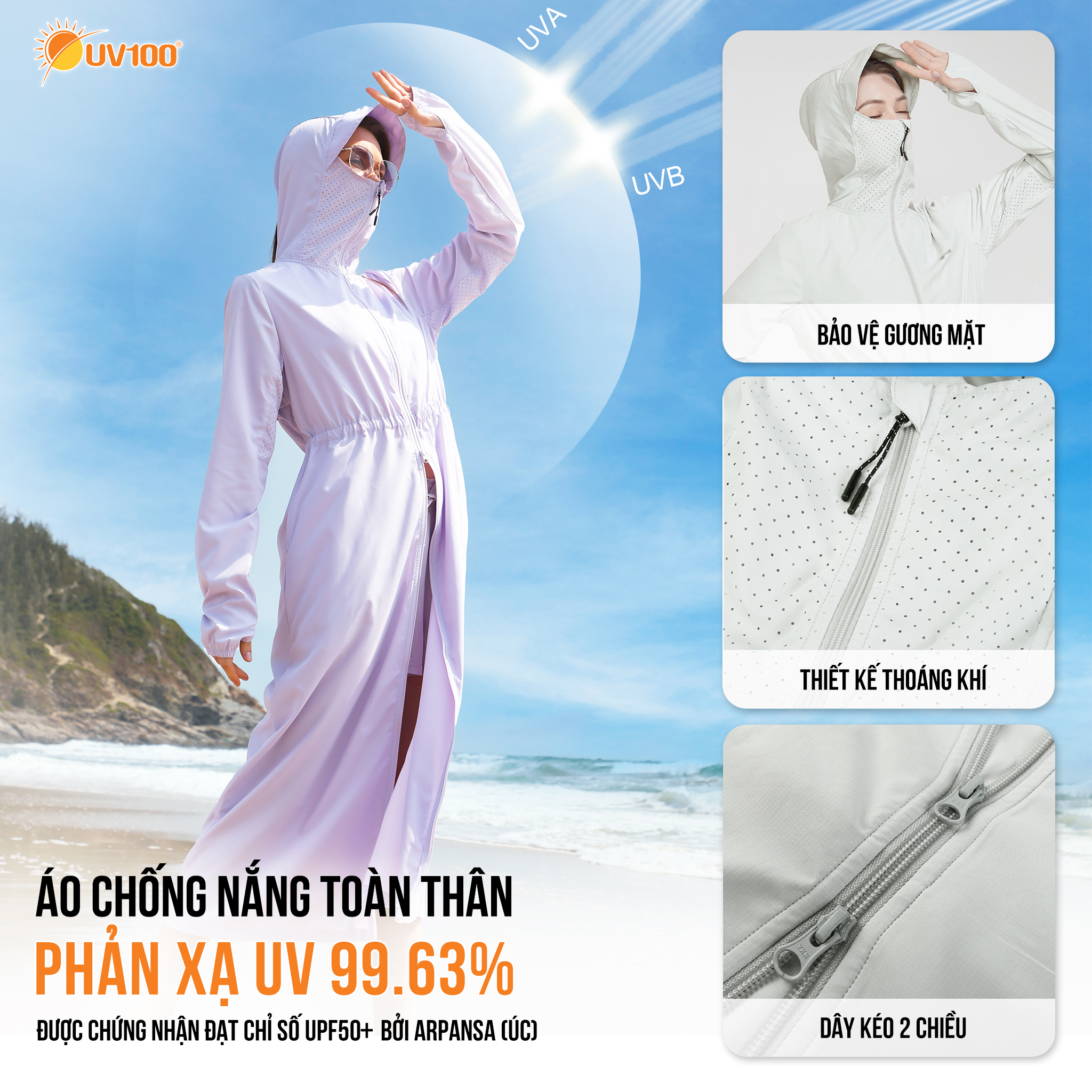 Áo khoác chống nắng toàn thân nữ uv100 có mặt nạ, chống uv upf50+ al23103