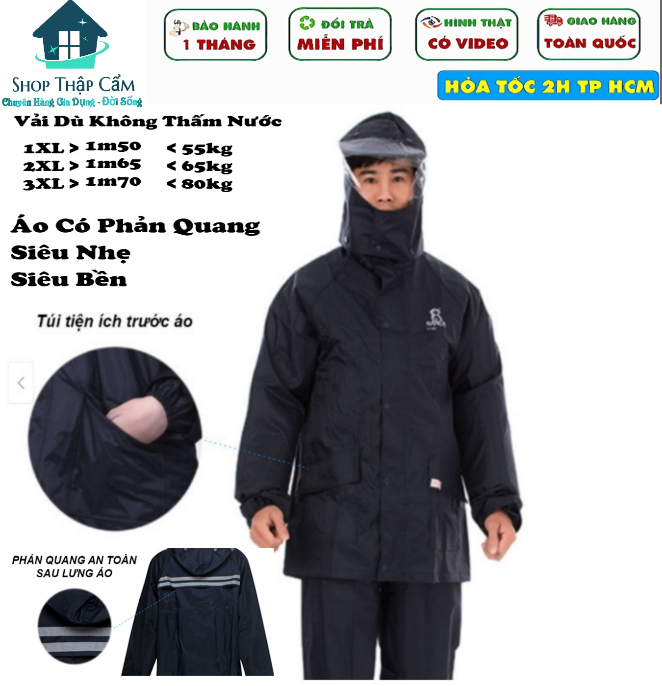 Áo Mưa Bộ Cao Cấp Vải Dù - Có dây phản quang ( Gồm Quần + Áo + Nón )