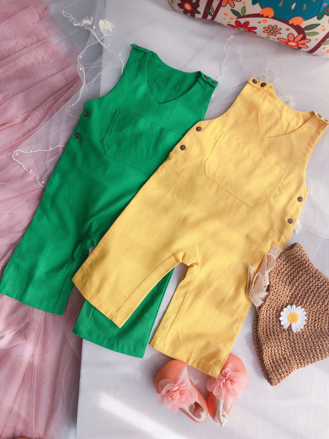 Quần yếm linen vintage Trẻ em cao cấp cổ ren, 6 tháng-6 tuổi,Free Ship toàn quốc M53