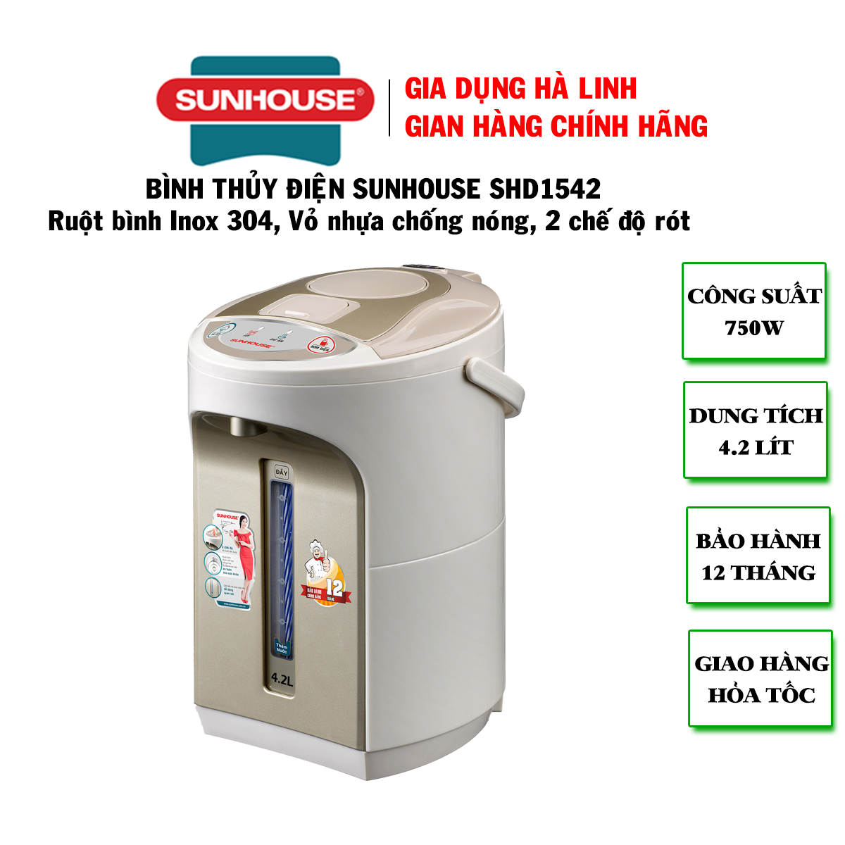 Bình thủy điện Sunhouse SHD1542 - Bình thủy điện 4.2L, Công suất 750W, Ruột bình inox SUS304 cao cấp, Lớp vỏ ngoài nhựa ABS siêu bền, cách nhiệt tốt, nhiệt độ giữ nóng 90 độ C, 2 chế độ lấy nước thuận tiện, Bảo hành 12 tháng