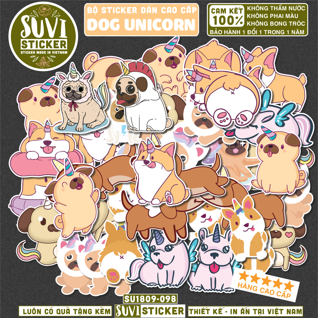 Sticker Chó Unicorn chống nước dán laptop, điện thoại, đàn guitar, mũ bảo hiểm, vali. A18