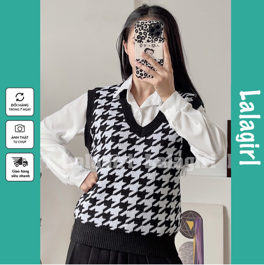 Áo Gile Nữ Chất Len Dày Họa Tiết Ziczac Phối Đen Trắng Siêu Yêu [GZZ]