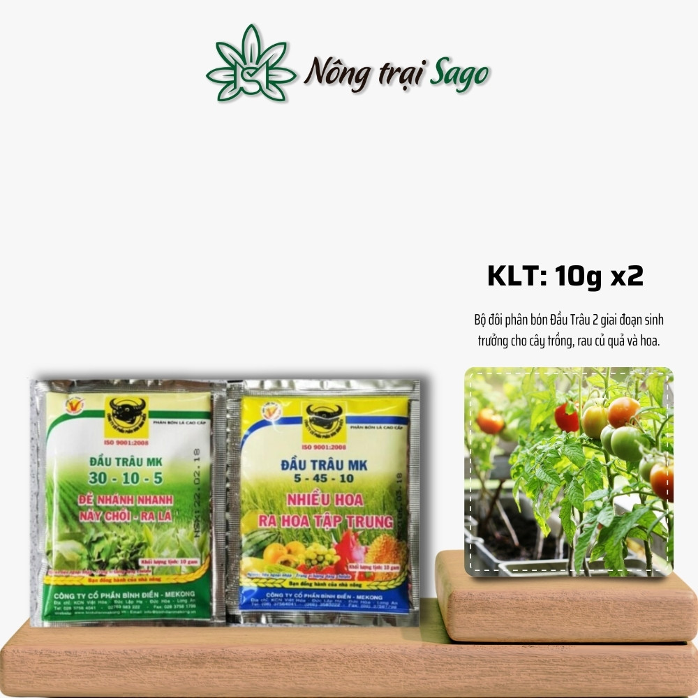 Bộ 2 Phân Bón Đầu Trâu 10g - Dành cho 2 giai đoạn phát triển cây trồng, này chồi, ra hoa, đậu trái - Nông Trại Sago