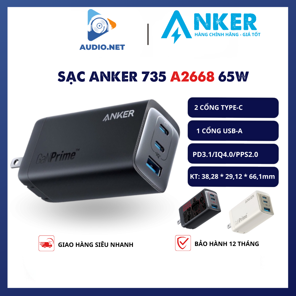 Củ sạc nhanh Anker 735 mã hiệu A2668 GaNPrime xịn hiệu suất 65W 2C 1A - Bảo hành 12 tháng 1 đổi 1