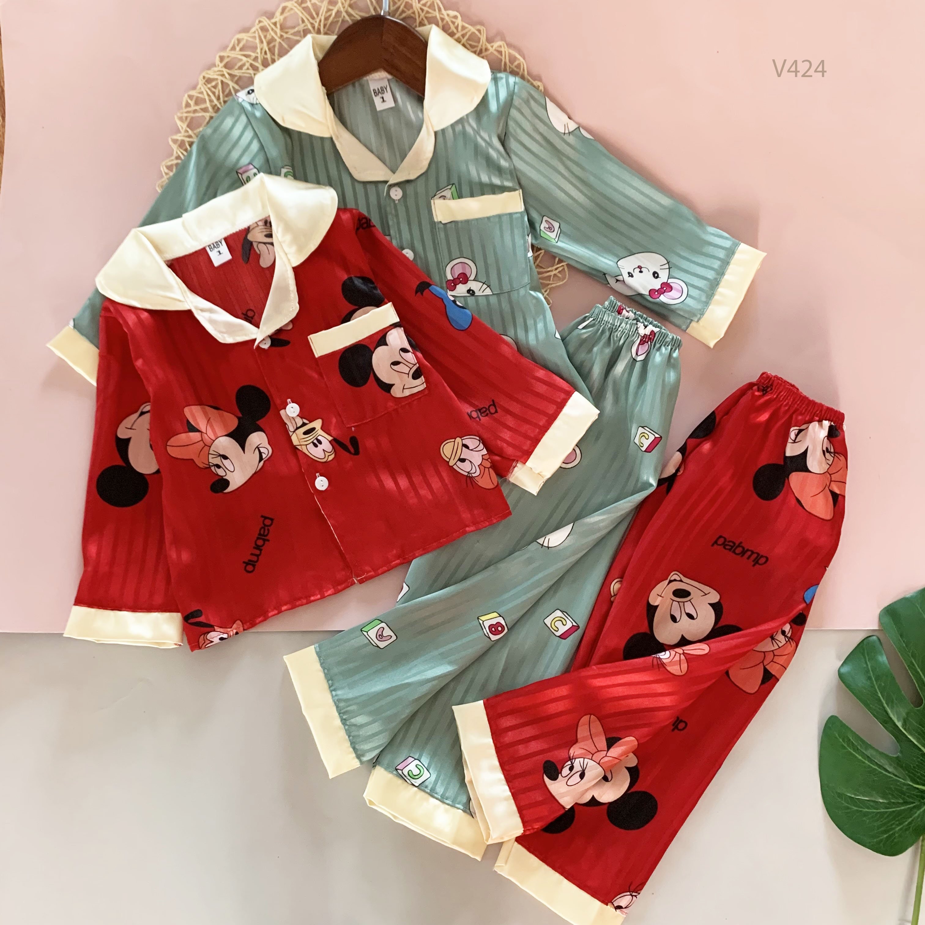 Bộ Pijama Dài Tay Chất Gấm Thượng Hải Cao Cấp 6 Màu Họa Tiết Dễ Thương Cho Bé  (V424)