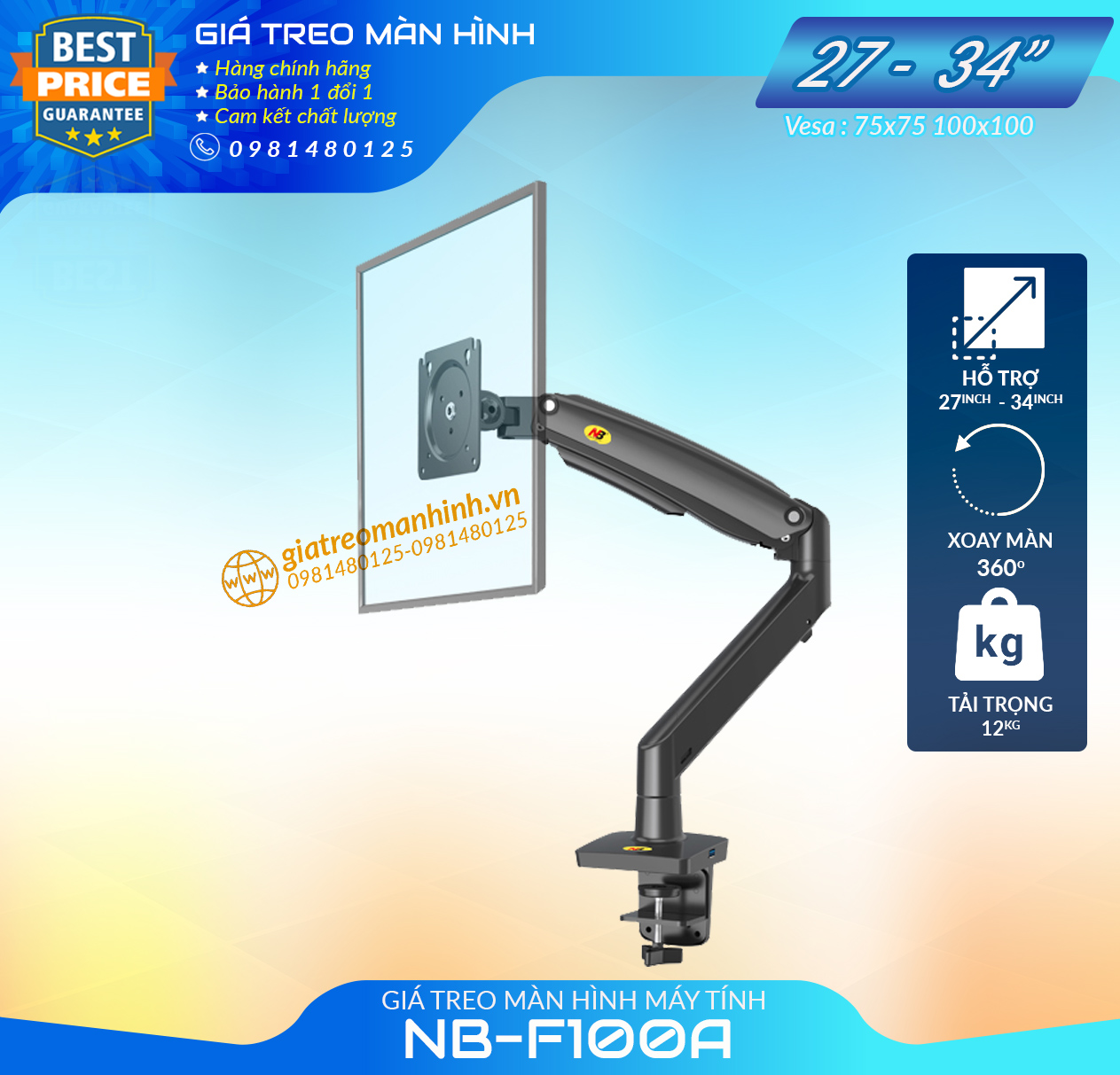Giá Treo Màn Hình NB-F100A Tải Trọng 12 Kg / Tương Thích Màn 27-34 Inch (Upto 40 Inch) - Lắp Đặt Kẹp Bàn & Vít Xuyên Bàn