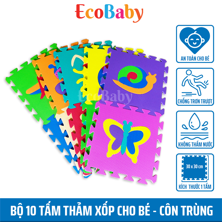 Bộ 10 tấm Thảm xốp ECOBABY, thảm xốp cho bé, thảm chơi lót trải sàn, trò chơi lắp ghép xếp hình, đồ chơi cho bé kèm quà tặng – 30x30cm – hình côn trùng