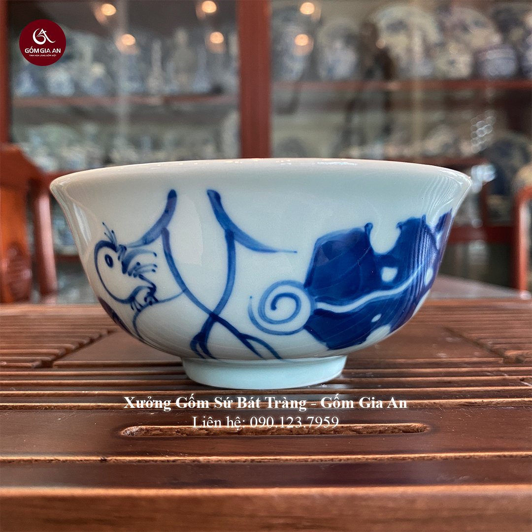 Bát cơm, chén cơm men lam phỏng cổ Lá Lật gốm sứ Bát Tràng